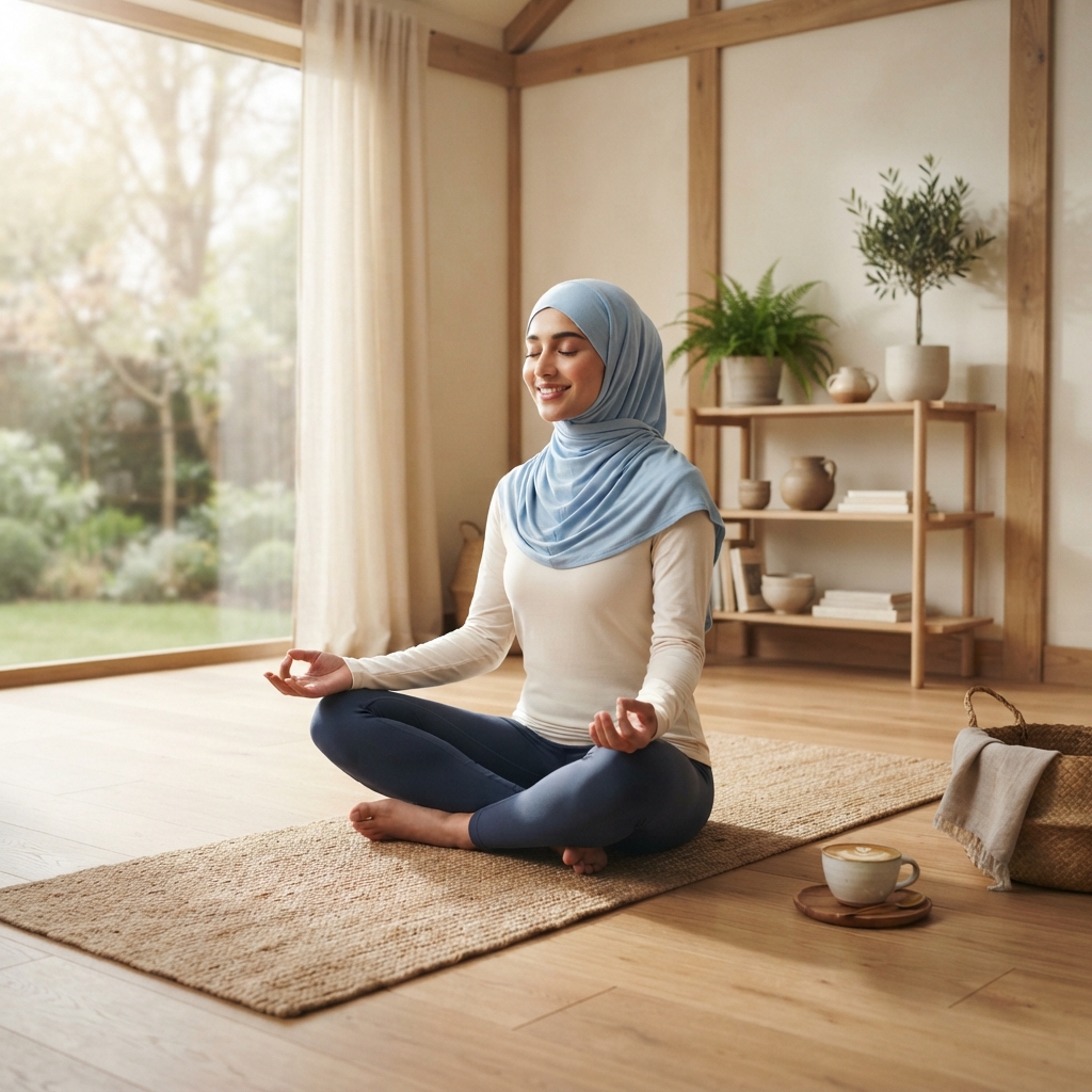 Ibu bermeditasi di atas matras yoga dengan secangkir kopi di sampingnya